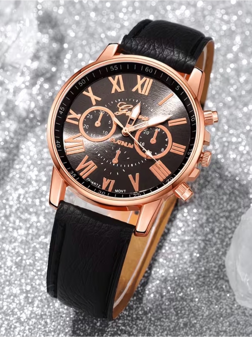 Geneva Rose Gold Case Black Dial Women's Watch with Black Leather Strap